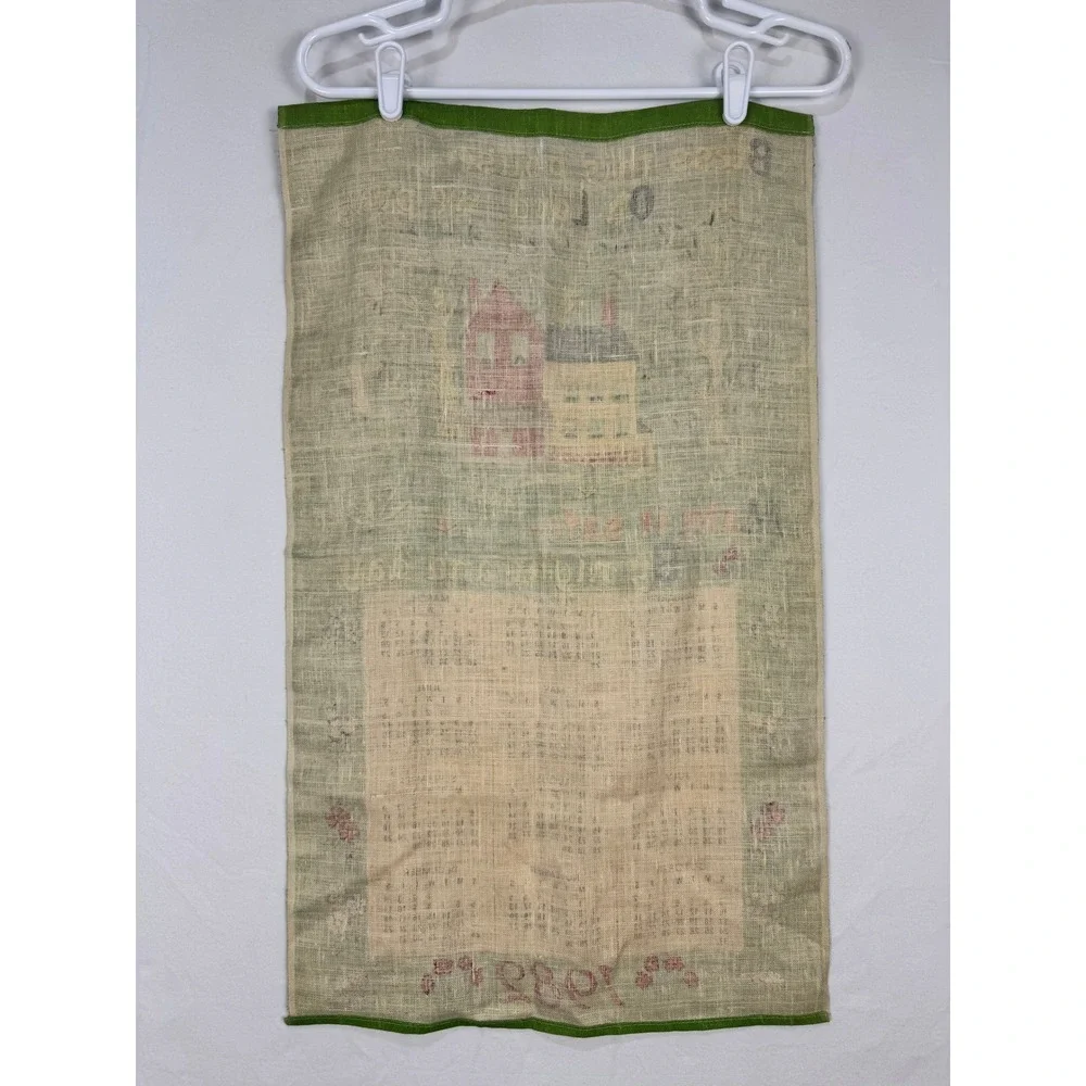 Vintage 1982 Linen Calendar‎ Kitchen Towel Bless This House Folk Art Green 16x27